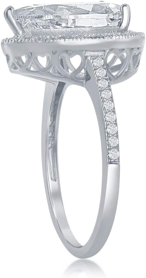 Beaux Bijoux 925 Sterling Silver Rhodium Plated High Polished Large Pear-shaped Cubic Zirconia Statement Bridal Engagement Band Ring