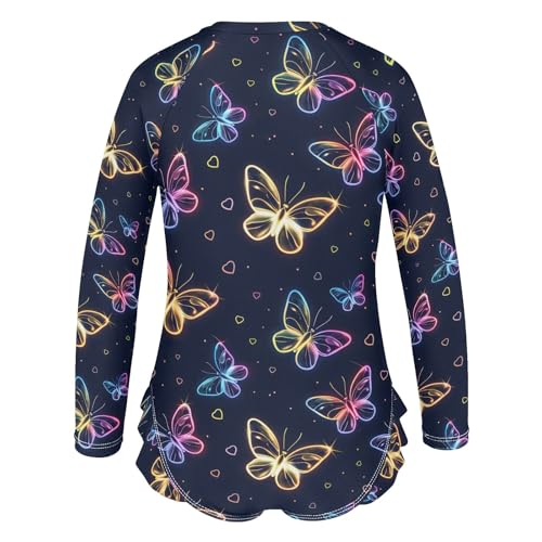 Beautiful Neon Flying Butterflies Girls One Piece Rash Guard Swimsuit, Girls Long Sleeve Swimwear for 3-12Y3