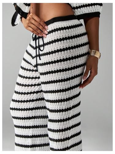 MakeMeChic Women's Fall Striped Pants Crochet Tie Front Elastic Waist Wide Leg Lounge Pants Knit Sweatpants4