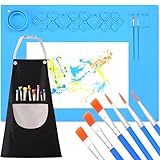 Outtshop Bastelmatte Silikon, 60x40CM Silikon Malmatte, Bringen Sie einen Becher, eine Schürze und zehn Pinsel mit, malunterlage für kinder, Für DIY-Projekte und Kindermalerei(Blau)