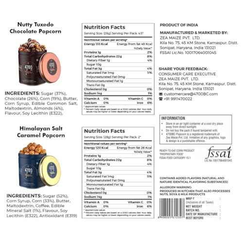 Image of 4700BC Gourmet Popcorn, Combo box,(2 Tins: 1 Himalayan Salt Caramel, 1 Nutty Tuxedo Chocolate), 275gm