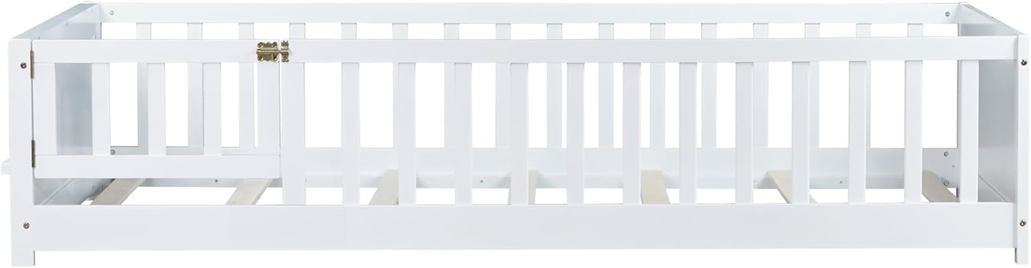 Mirightone Floor Bed with Rails and Door Twin Size, Wood Montessori Floor Bed with Storage Bookcase, Kids Bed Frame with Fence for Boys Girls, White