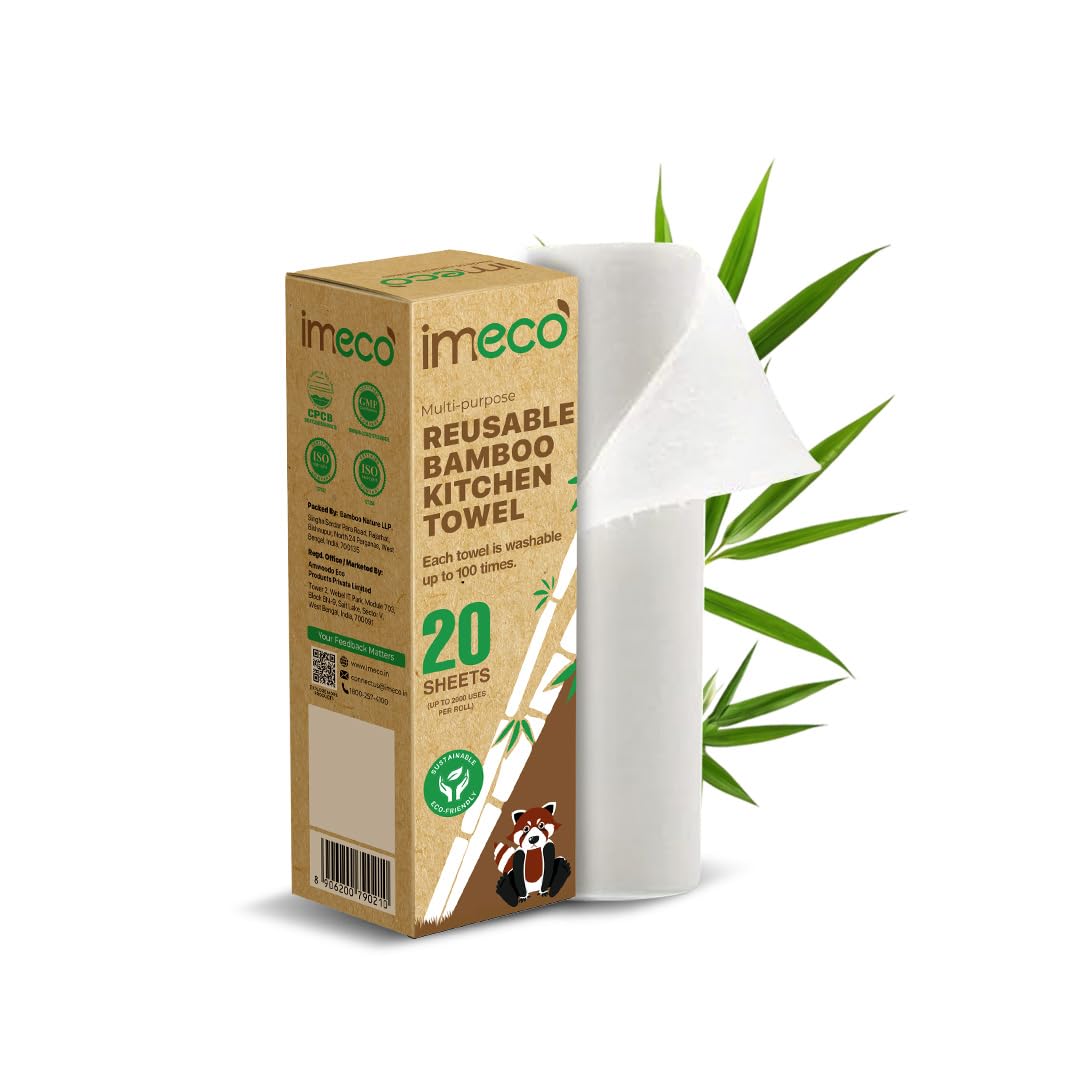 IMECO Reusable Bamboo Kitchen Towel/Tissue Roll | 4 Ply Eco Friendly Pure Bamboo Pulp | Soft & Super Absorbant Chemical Free Tissue Paper Roll | Resuable upto 2000 Times - 20 Sheets, Pack of 1