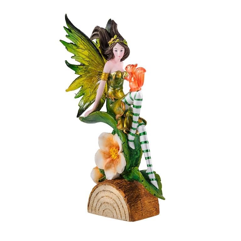 DRW Figura Hada Verde sobre Tronco con una Ardilla de Resina Pintada a Mano 21 cm