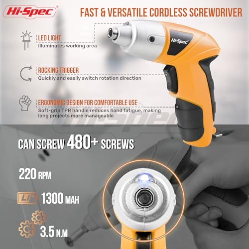 Image of Hi-Spec Cordless Electric Screwdriver, Power Screw Driver Set with Pink Compact Tool Kit for Small Repair and Maintenance- Ideal Housewarming Gift,19 Piece (Yellow)