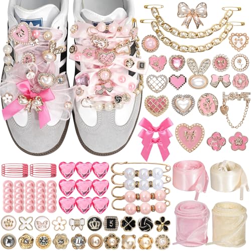 Lugailly Shoe Charms for Sneakers, Junk Socks Charms Kit, 100 PCS Pink Sneaker Charm for Women Teen Girls with Satin & Lace Shoelaces, Cute Shoelace Charm for Shoe Jewelry Decoration Accessories