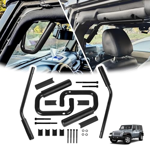 Phamyor Aluminum Alloy Front & Rear Grab Bar Grab Handles with Non-Slip Rubber Grip Fit for 2007-2018 Jeep Wrangler JK JKU Sport Rubicon Sahara Unlimited 4 Door, Left & Right, Black