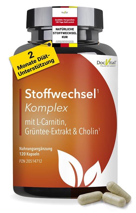 DocVital® Stoffwechsel Komplex Diät Unterstützung – 120 vegane Kapseln mit Glucomannan, Grüntee Extrakt (200 mg EGCG), L-Carnitin & Guarana – Stoffwechsel Booster