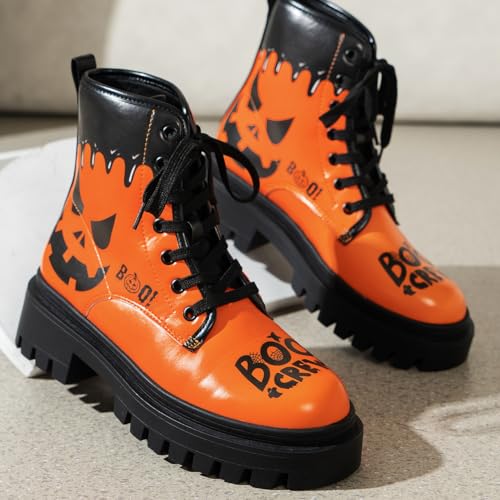 Halloween Gothic Combat Boots Fashion Lace-Up Skull Rose Ankle Booties Chunky Heel Platform Leather Boots2