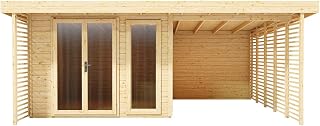 Holz Gartenhaus Arvo | Wandstärke 28 mm | Naturbelassen | Mit 250 cm Anbau | BxTxH: 596 x 393,6 x 232,2 cm | Sockelmaß Haus: BxT: 300 x 300 cm | Inkl. Ganzglastür & 2 Fenster
