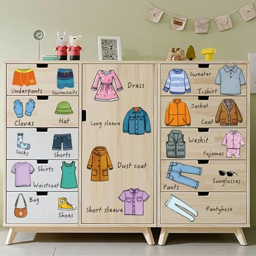 PRESSINART 4 Pcs 4 Styles Dresser Clothing Decals Wardrobe Stickers for Closet PVC Self-Adhesive Clothes Storage Classification Labels Decal for...