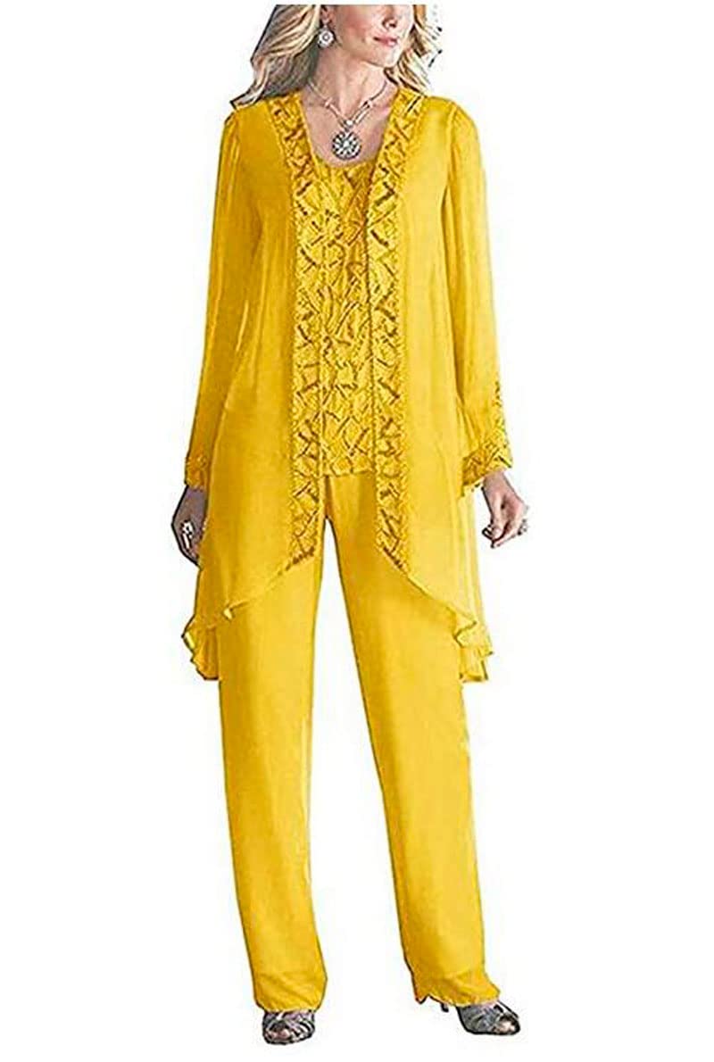 Women's 3 Pieces Chiffon Dress Mother of The Bride Pants Suits with Beaded Jacket Wedding Outfit Evening Gown Yellow UK14