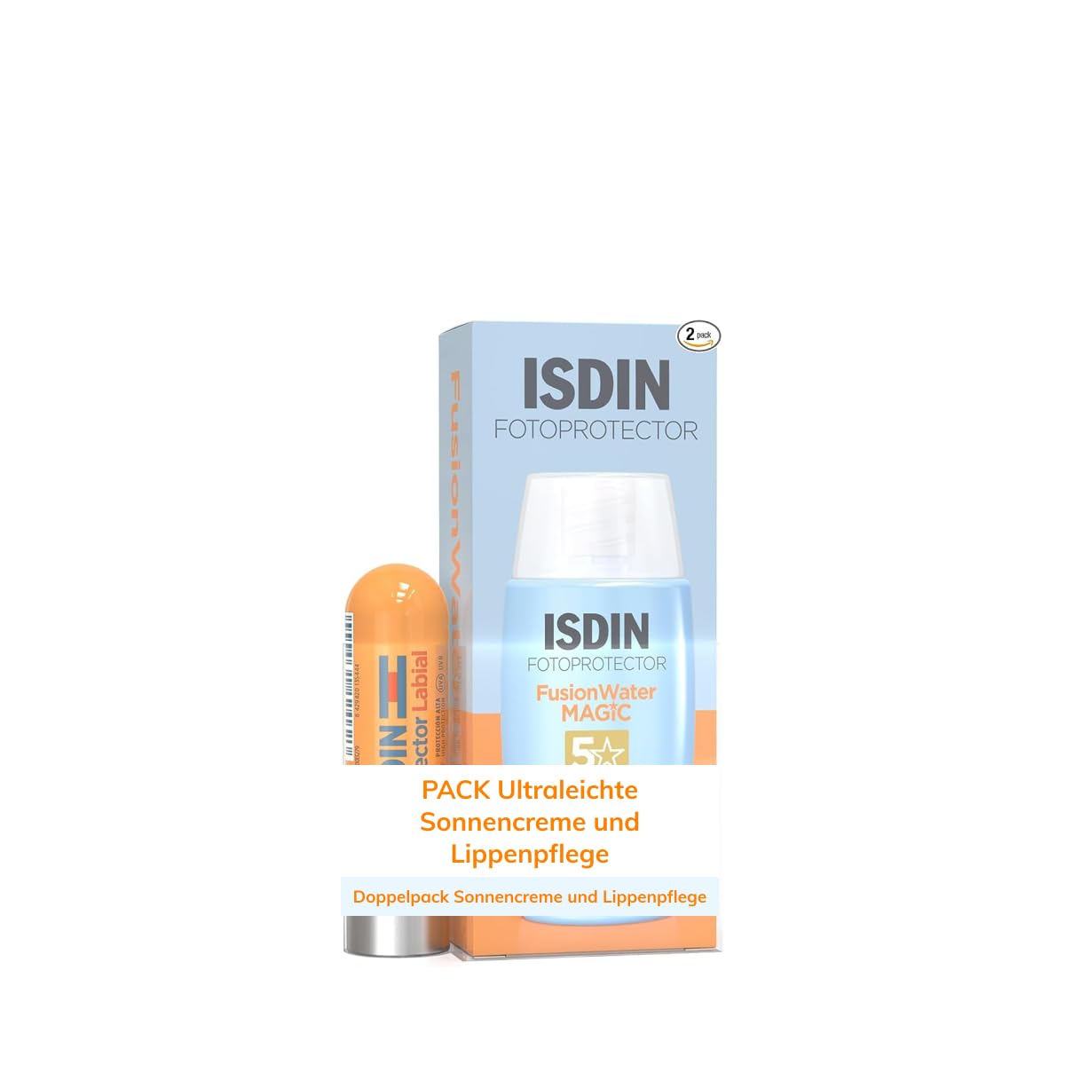ISDIN Set Fusion Water MAGIC LSF 50 (50ml) + Lippenbalsam LSF 30 (4g) - Ultraleichte Sonnencreme Gesicht & Lippenschutz - Auf Wasserbasis, Brennt nicht in den Augen