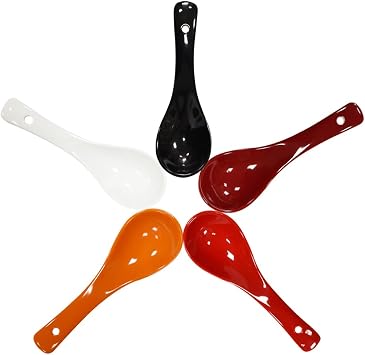 5 Colors Porcelain Soup Spoon Round-Bottom Asia Ceramic Rice Spoons Chinese Won Ton Spoons One of each color for Home Kitchen Restaurant