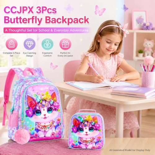 Image of 3Pcs Cat Backpack for Girls, 16 inch Kids School Backpacks with Lunch Box, Bookbag for Elementary Preschool Kindergarten(Pink)
