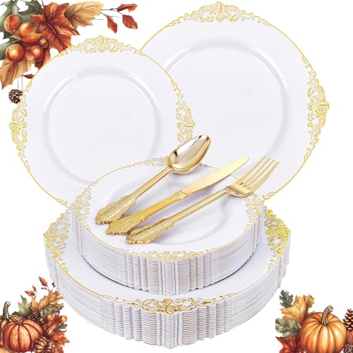 Joyido 125PCS White and Gold Plastic Plates - Gold Disposable Plates with Plastic Silverware - Vintage Disposable Dinnerware Set for 25 Guests for Christmas Parties, Thanksgiving