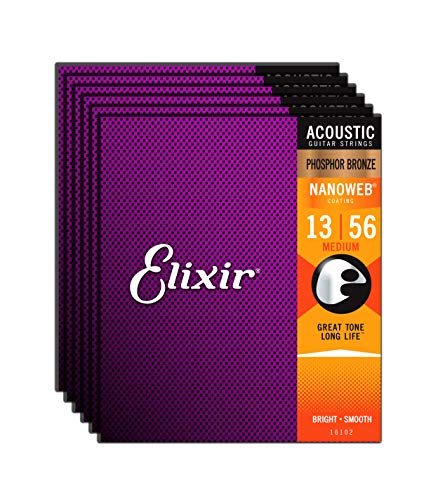 Elixir Phosphor Bronze Nanoweb 16102 ミディアム 13-56 アコースティックギター弦 6パック おまけのエリクサー磨き布付き
