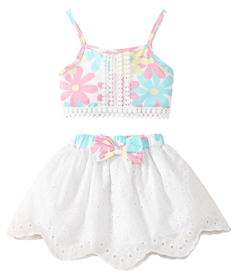 Image of TAGAS Girls Girls Floral Crop Top and White Lace Skirt Set - Summer Sleeveless 2-Piece Outfit with Bow Belt - Casual Party Dress for Kids