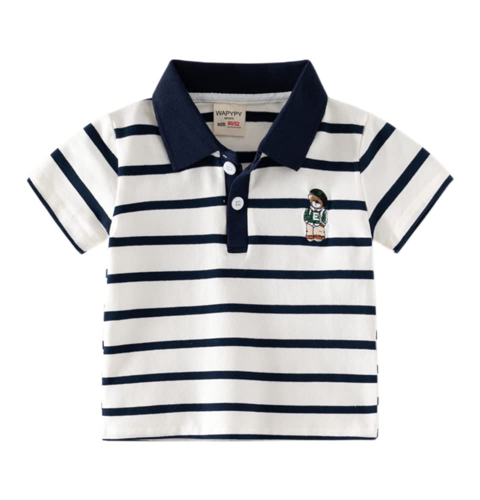 Toddler Baby Boys Summer Striped Short Sleeve Polo Shirts Casual Cute Comfy Cotton Stand Collar Outfits Clothes (White,90/18-24 M,Unisex,Big Kid,US,Age,18 Months,24 Months)