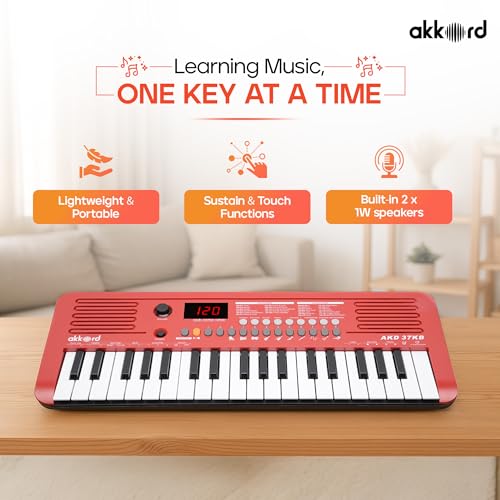 Image of Akkord 37 Keys Music Keyboard - Red Edition | MIDI USB-C, Touch Response, 200 Rhythms, Tones & 40 Demos, LED Display, Portable Beginner Piano Compatible with GarageBand.
