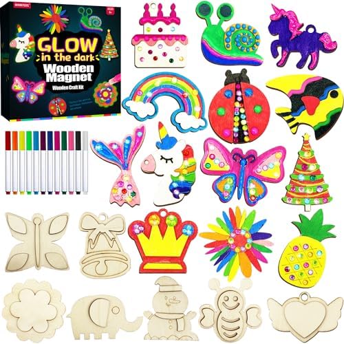 Wooden Magnets Painting Kit – Glow in The Dark – Arts & Crafts Supplies Painting Kit for Kids 4-8 8-12 – Family Crafts and Birthday Christmas Activities, Party Favors for Boys Girls Ages 4 5 6 7 8