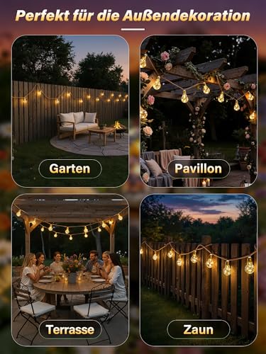 Ollny Solar Lichterkette Aussen 24 Glühbirnen, 12m Lichterketten Außen Wetterfest Warmweiß，mit 8 Modi, Timer & Dimmbar, Solarlichterketten mit Hanfseil für Garten, Party, Balkon, Hof, Hochzeit