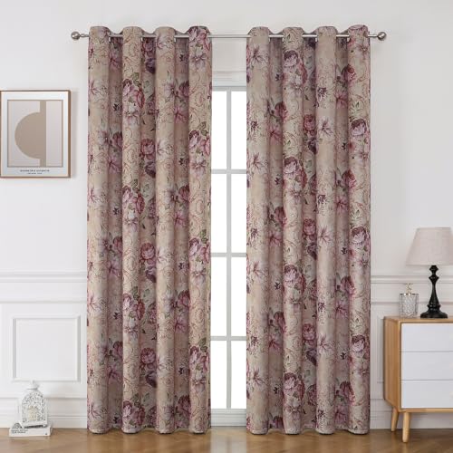 BUHUA Set di 2 tende oscuranti con fiori, stile vintage, per camera da letto, soggiorno, 245 x 132 cm, colore viola e rosa