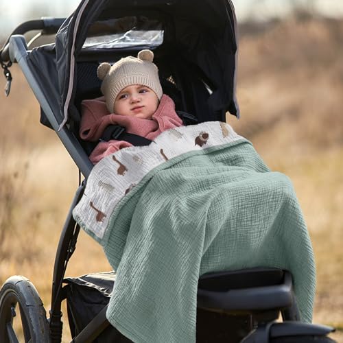 Image of lulumoon Muslin Baby Blanket Neutral: Cotton Toddler Blanket for Daycare | Soft Reversible Crib Bedding for Baby with Dinosaur - Lightweight for Stroller, Carseat & Travel, 47 inchx47 inch(Sage Dinosaur)