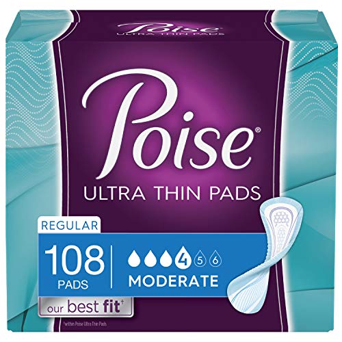 Poise Ultra Thin Incontinence Pads, Moderate Absorbency, Regular, Unscented, 216 Count (2 Packs of 108)