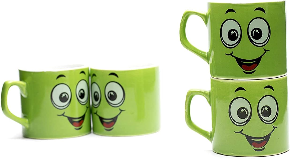 A.J Designer 150 ml Green Smiley Design Cappuccino Cup || Coffee Mug || Espresso Cup || Tea Cup || Set of 4