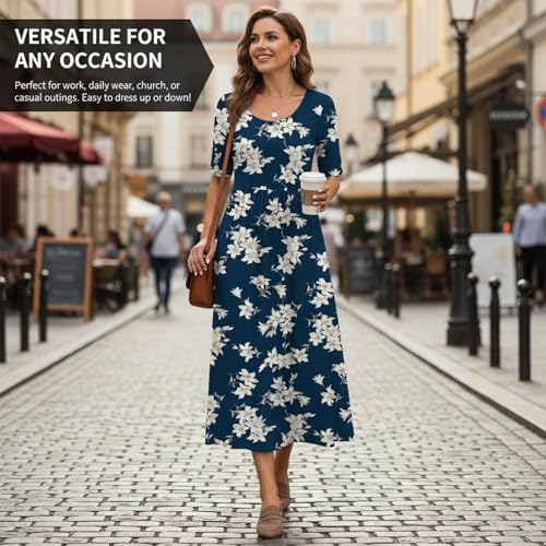 Image of Women's Boho Floral Maxi Dress Casual Boho 2026 Summer Short Sleeve Beach Dresses with Pockets