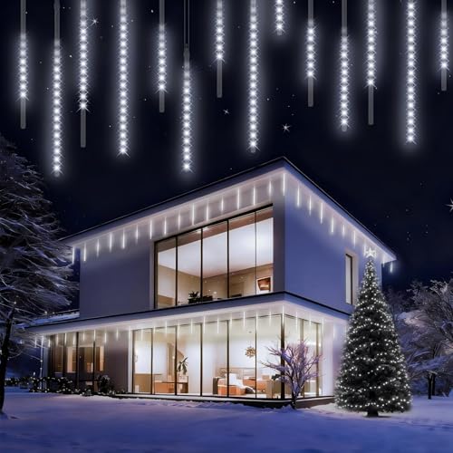 Weihnachtsbeleuchtung Außen,576 LED 16 Röhren je 40 CM eiszapfen lichterkette außen，Wasserdichte Fallende Regen Lichter für Weihnachtsdekoration...