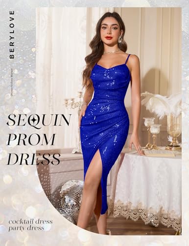 Image of BeryLove Summer Sequin Cocktail Prom Wedding Guest Dresses Sparkly Party Evening Formal Spaghetti Strap Dress