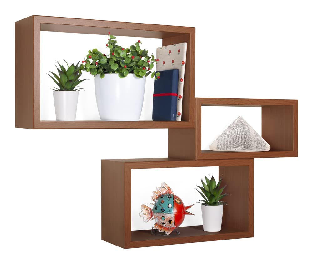 MODULARREDO | TRITTICO Set di 3 Mensole da Muro, Libreria Sospesa, Libreria Parete, Scaffale Parete, Ciliegio, 45x27 x 40x22 x 35x17 cm - Made in Italy