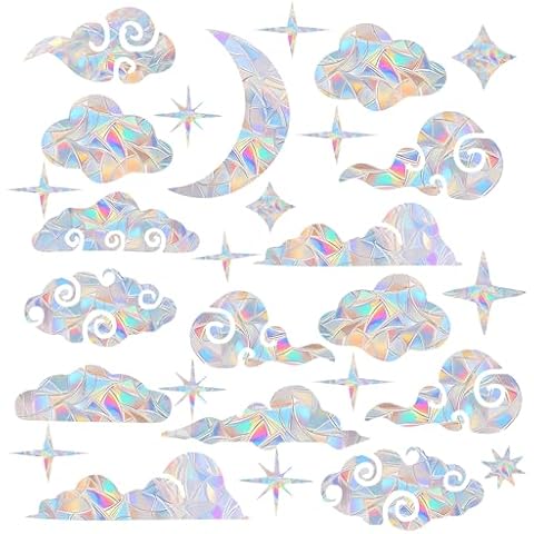 HAPBEAR 62PCS Cloud and Star Window Decals for Bird Strikes - Anti-Collision Window Decals to Save Birds from Window Collisions,Non Adhesive Reusable Vinyl Rainbow Window Stickers for Birds Cover