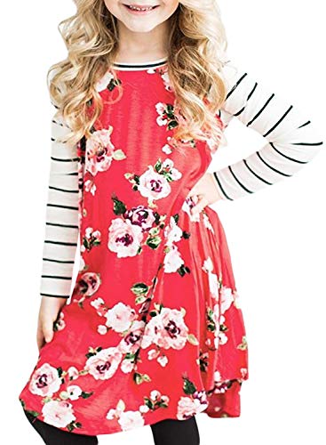 GOSOPIN Girls Casual Long Sleeve Floral Dress Basic Striped for Kids Large Red