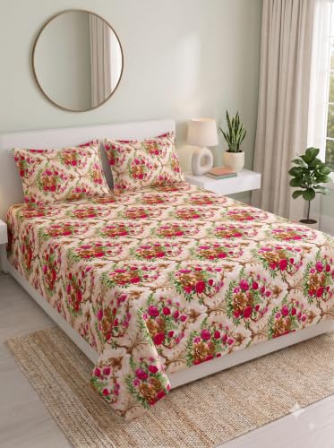 Image of Mafatlal 130 GSM Pearl Contemporary Double Bedsheet with 2 Pillow Covers | 90 x 100 Inches | Premium Printed Bedding | Smooth Hand Feel, Strong Stitching, Fade Guard, Easy Care Fabric | Beige-Pink