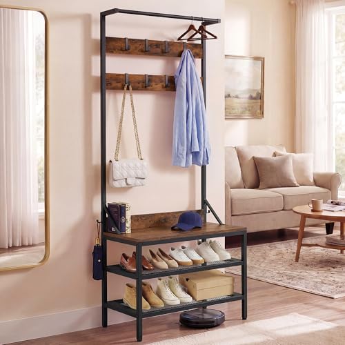 YITAHOME Coat Rack Stand with Shoe Storage Freestanding Hallway Unit with 2 Shelves Industrial Coat Stand with 9 Hooks for Hallway Living Room Bedroom Metal Frame Black