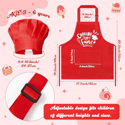 R HORSE Kid Apron and Chef Hat Set 2Pcs Adjustable Red Cooking Children Kitchen Apron, Waterproof Dress up Role Play Chef Toy Funny Cooking Baking Painting and Training Kit for Kid Birthday Party Gift - image 2