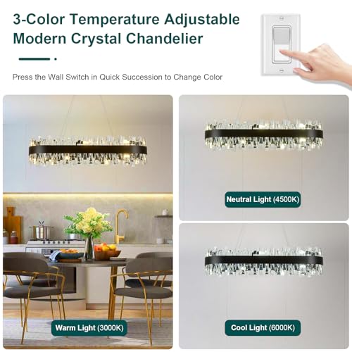 Image of AioTio Modern Crystal Chandelier, L35.4'' Black Rectangle Raindrop Chandelier, 16 Lights Luxury K9 Crystal Oval Ceiling Light Fixture for Kitchen Island, Dining Room, Living Room, Home Office