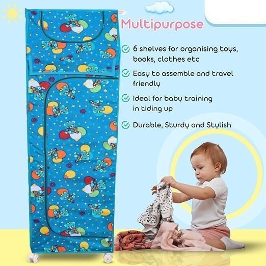 Image of SUBEKYU Kids Plastic Wardrobe Rack with Removable Cover, Baby Clothes Organizer & Storage Cabinet, Plastic Office Rack, White, Firozi