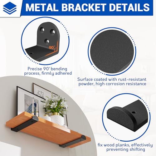 Image of WELDUN 4 Pack Metal Scaffold Board Shelf Brackets 25 cm, Heavy Duty Wall Mounted Angle Shelving Brackets with Lips, for Industrial, Rustic, Modern Decor, Black