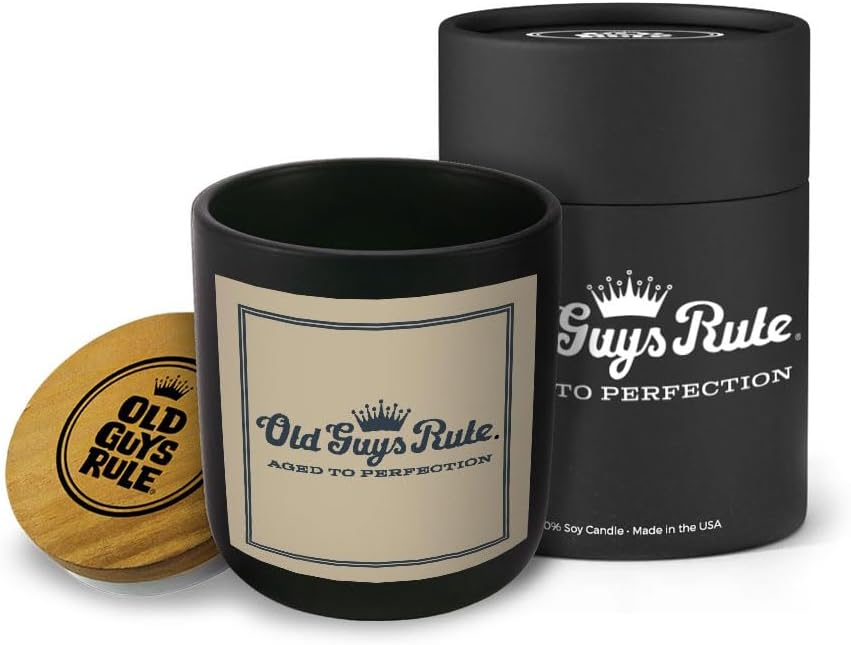 Old Guys Rule 100% Handmade Non-toxic Soy Wax Candle, Spicy Woodsy Masculine Scent, 75hr Burn, Soot Free, Cotton Wick, 10 oz - Fun Gift for Dad, Grandpa, Husband (OGR Script Logo, Cardamom & Vetiver)