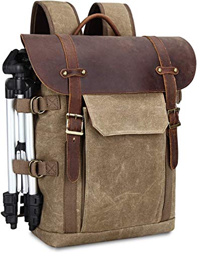 Kattee Lona con bolsa de cámara de cuero mochila para impermeable para hombres de gran