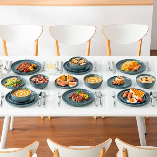 Image of vancasso Plates and Bowls Sets, 18 Pieces Stoneware Dinnerware Set for 6, Ceramic Dish Set for Kitchen, Microwave and Dishwasher Safe, Smoky Teal, Series ZERMATT