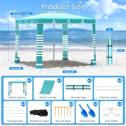 MoKo Beach Cabana,120 Sq. Ft. Large Beach Canopy Tent Sun Shade, UPF 50+ Protection Easy Setup Beach Tent, Adjustable Height Wind Resistant Cabana Sun Shelter for Whole Family, Light Green Stripes by MoKo - Image 8