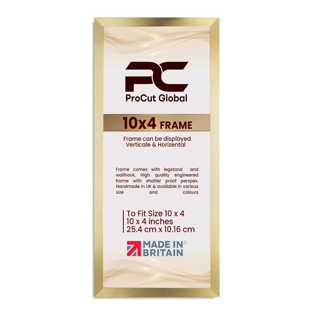 Procut Global 10X4 Gold Picture Frames - Modern Wooden Photo Frame with Shatterproof Perspex for Wall or Tabletop - Perfect for Posters, Certificates, Prints - Sizes & Colors Available
