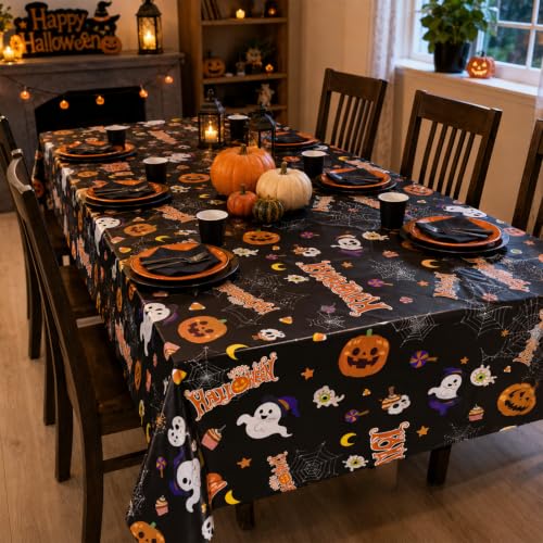 Oeyliz Halloween Tablecloth Disposable Plastic Table Cloth 2 Pack Black - image 3