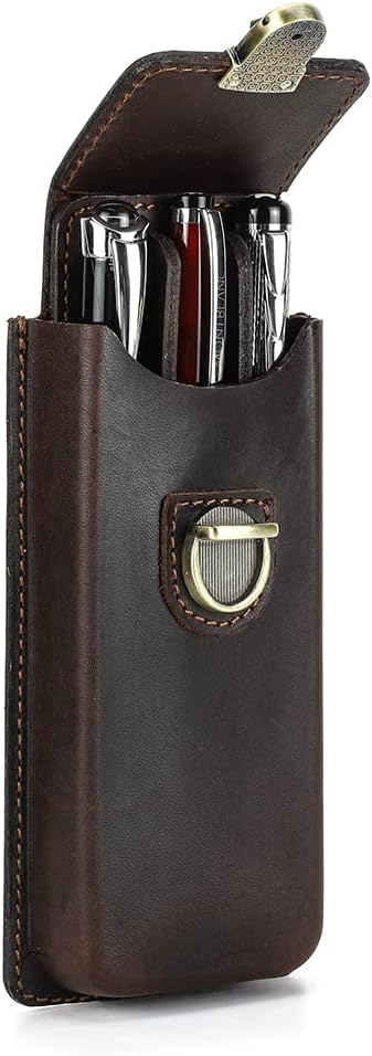 Hiram Genuine Leather 3 Slots Molded Pen Collection Display Case, Handmade Crazy Horse Cowhide Leather Pen Storage Organizer with Removable Pen Tray and Plug-in Brass Lock