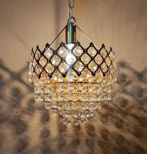 Image of SUANI Modern Crystal 40 watt Decorative Pendant Crystal Chandelier | Chandelier for Living Room | Jhoomar for Restaurant | Light Fixture Black Gold (Golden, 160 mm)